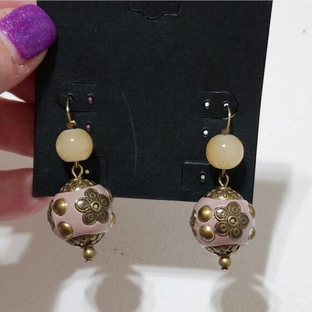 Treska Pink Floral Orb Drop Earrings Gold Tone Boho Vintage Style French Hook
